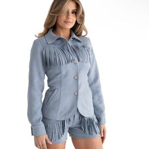 Stylish Blue Fringe Jacket and Shorts Set